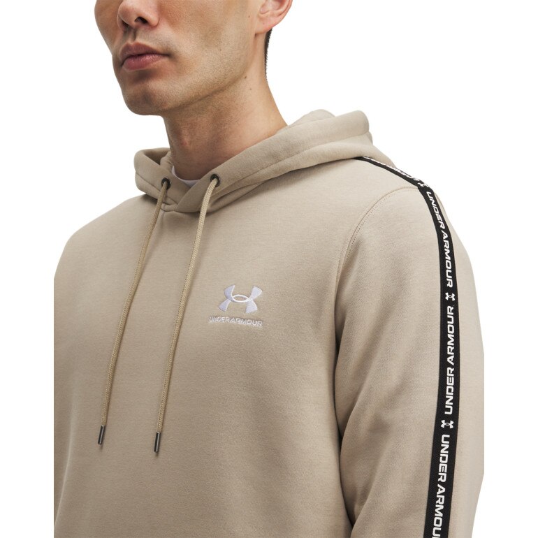 Męska bluza nierozpinana z kapturem UA Icon Fleece HD Taping - beżowa