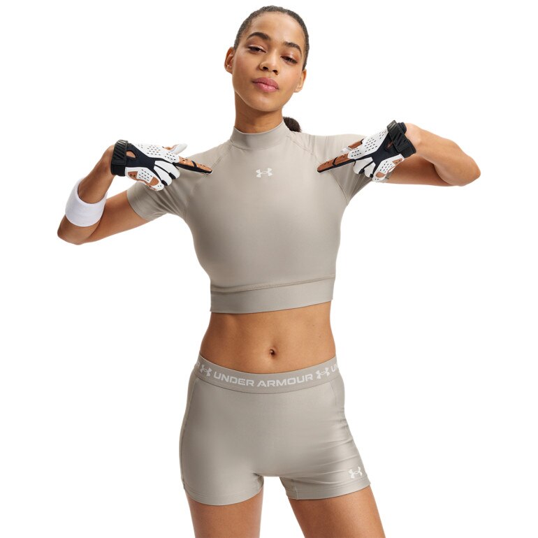 Damska koszulka treningowa Under Armour HeatGear Crop Mock SS - beżowa